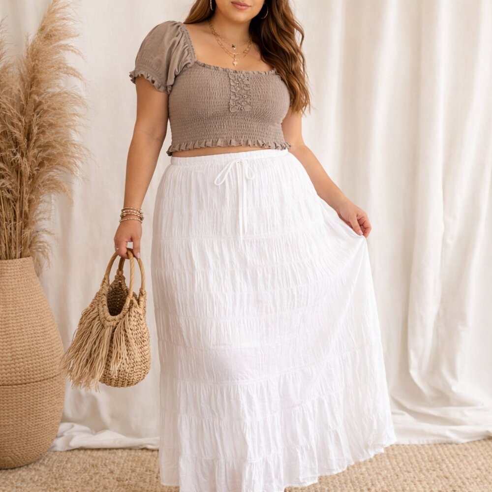 SHEIN Curve White Textured Maxi Skirt Size 1XL Elastic Waist